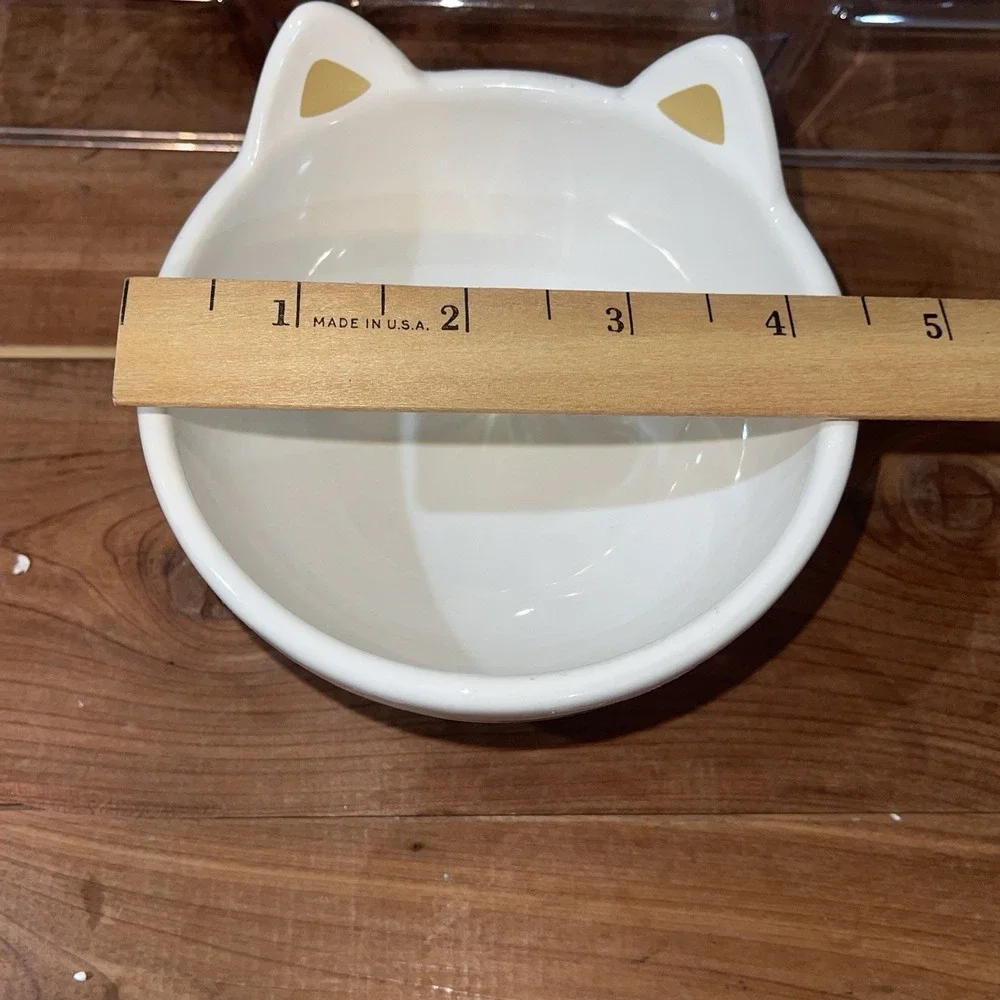 Lot Of 3 Ceramic Cat Feeding Water Bowl Dishes White, Blue Stoneware Kitty